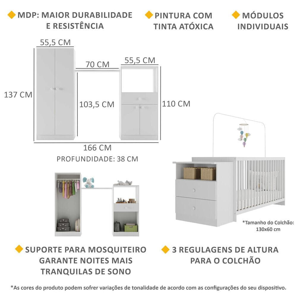 Quarto Infantil com Berço-Cômoda e Colchão Incluso Olívia Multimóveis Branco