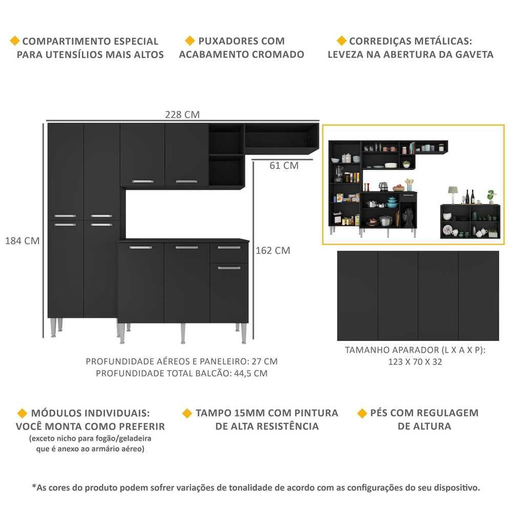 Armário de Cozinha Completa com Buffet/Aparador Paris Multimóveis MP2043 Preta