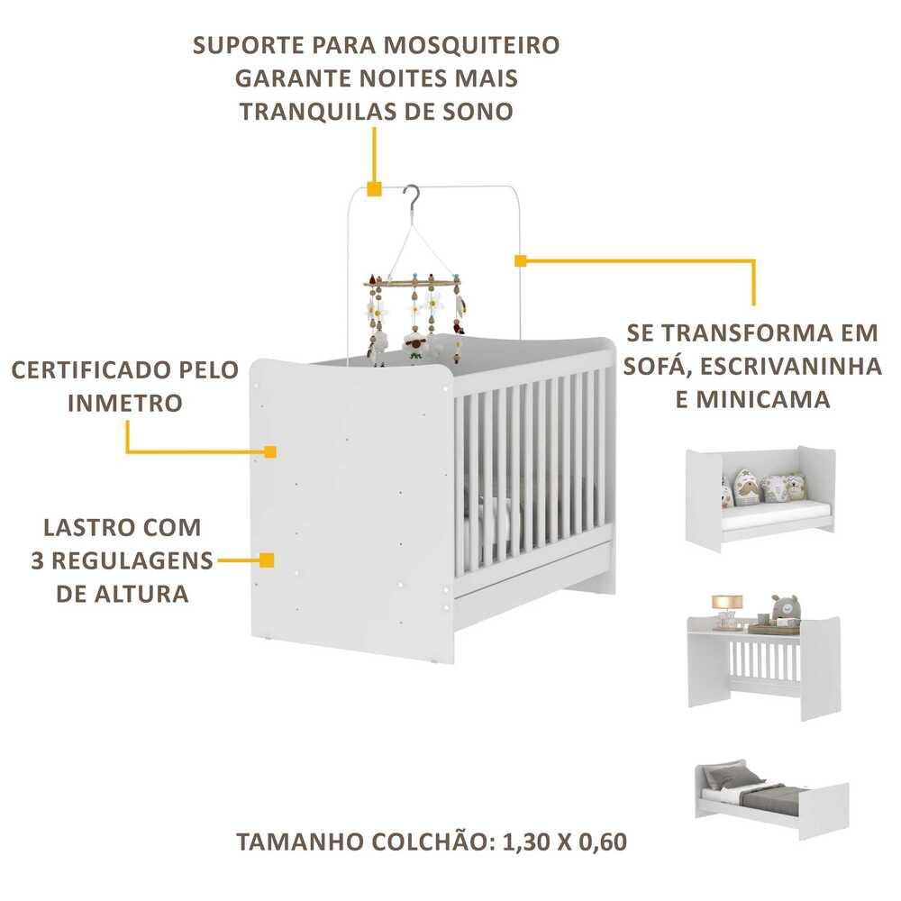 Berço 4 em 1 vira escrivaninha com Colchão Incluso Evolution Multimóveis Branco