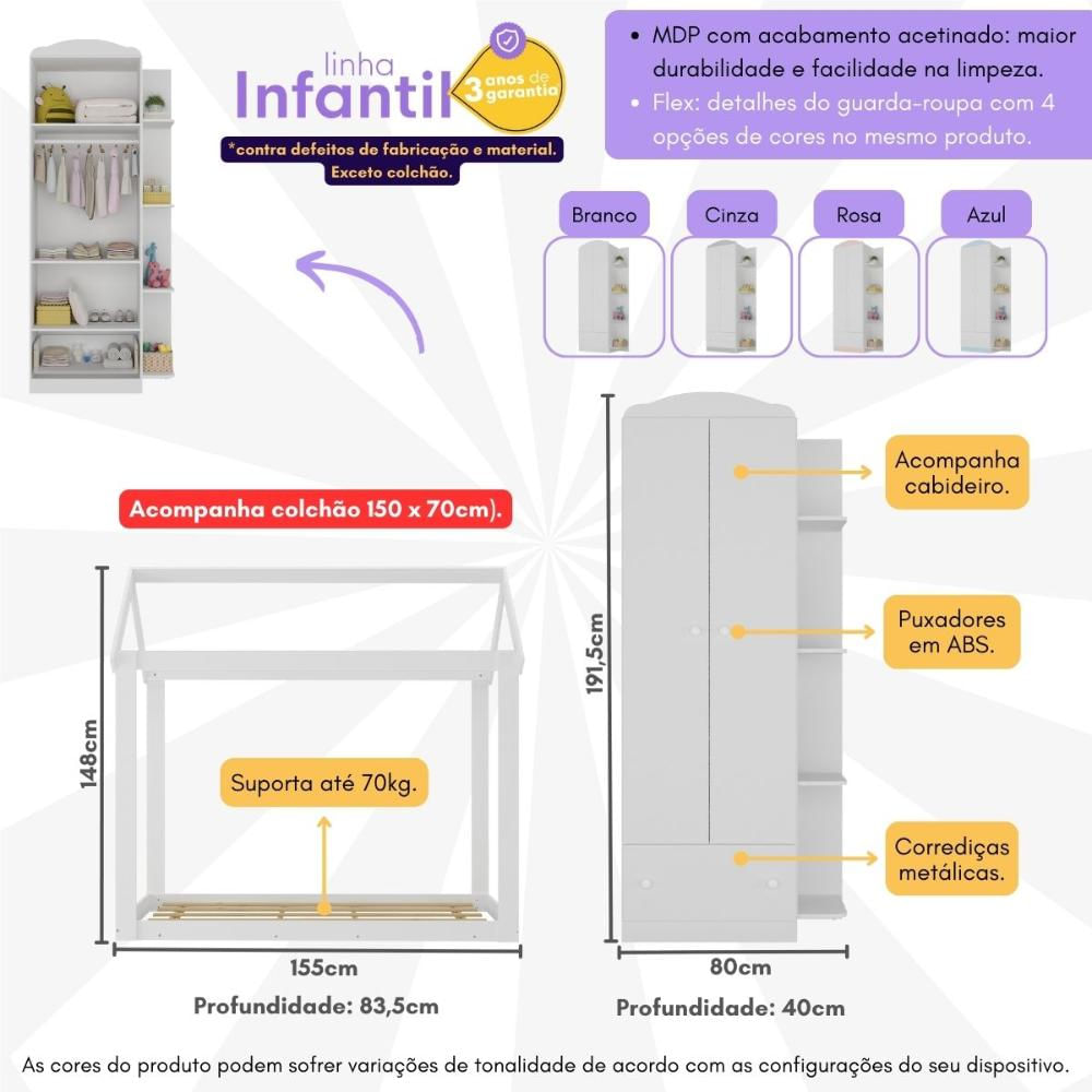 Quarto Infantil com Cama Montessoriana/Colchão/Guarda-Roupas João e Maria Multimóveis MX4272 Branco