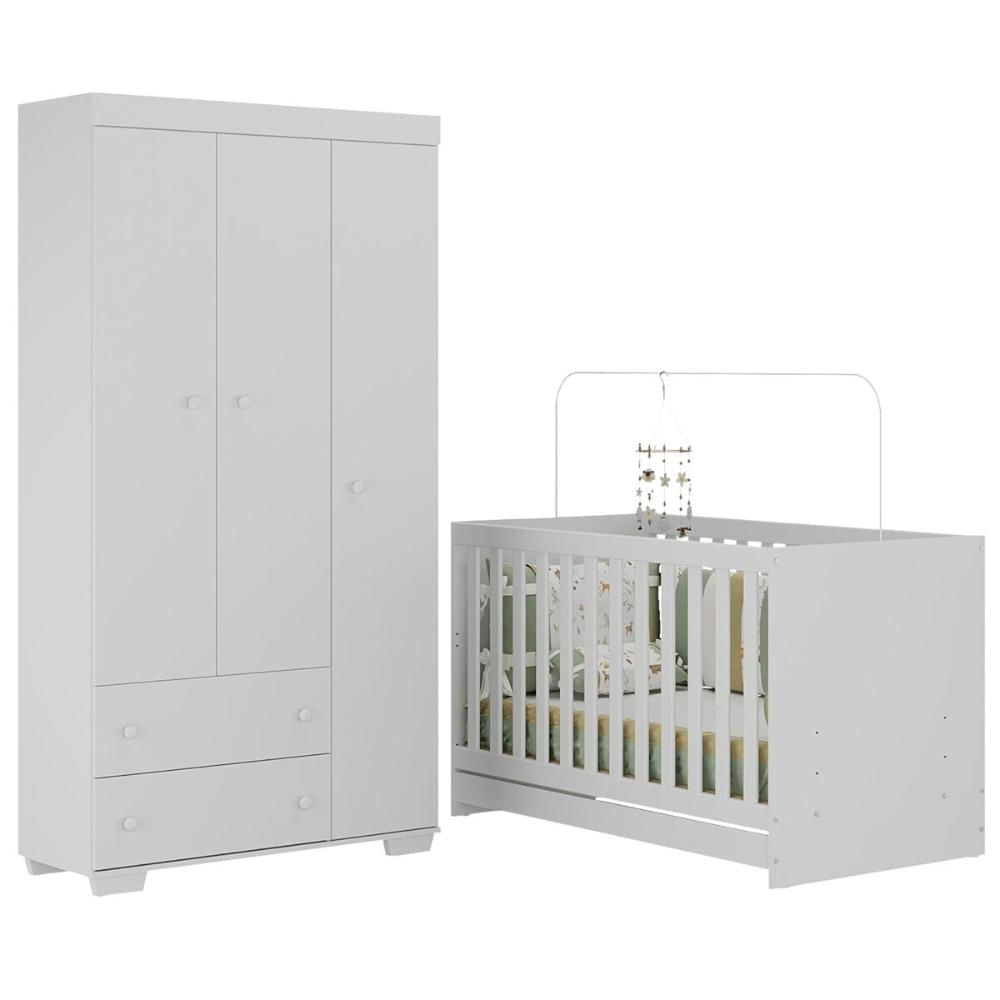 Quarto Infantil com Berço Colchão Incluso e Guarda-Roupas Algodão Doce Multimóveis MP4248 Branco