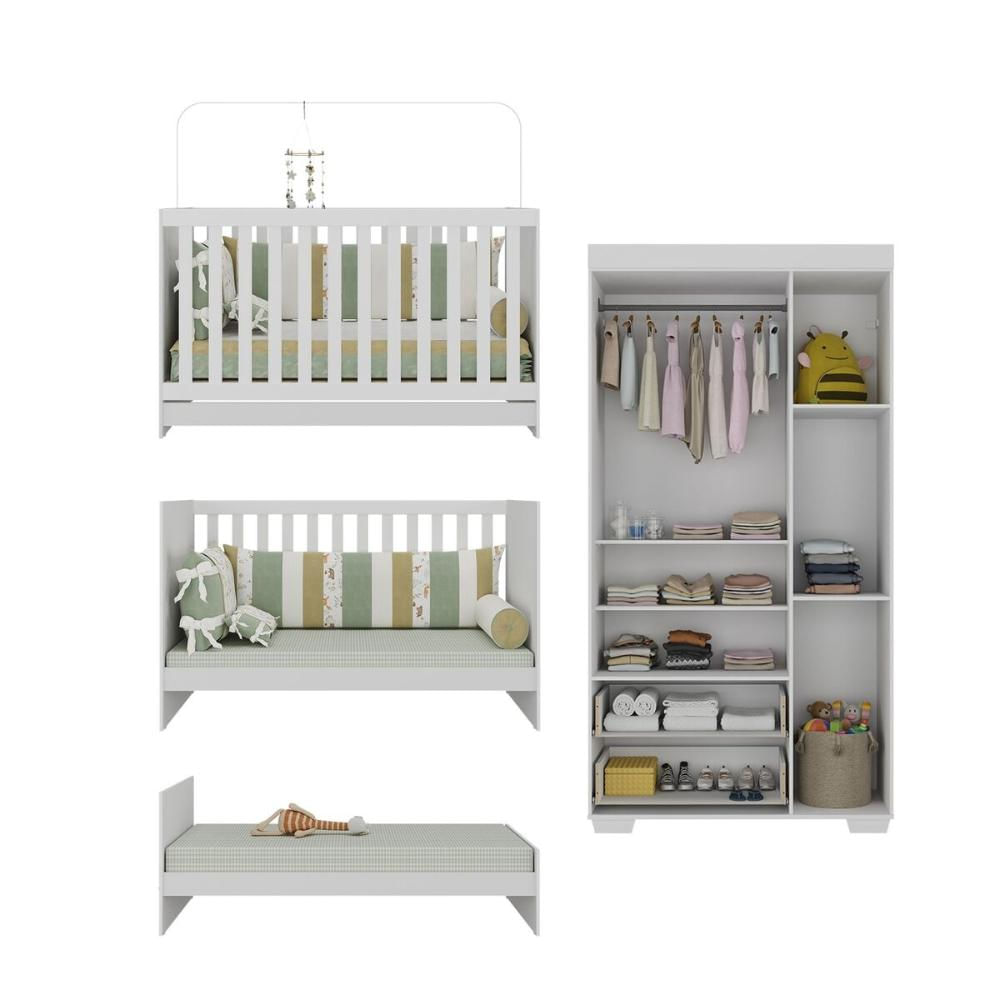 Quarto Infantil com Berço Colchão Incluso e Guarda-Roupas Algodão Doce Multimóveis MP4248 Branco