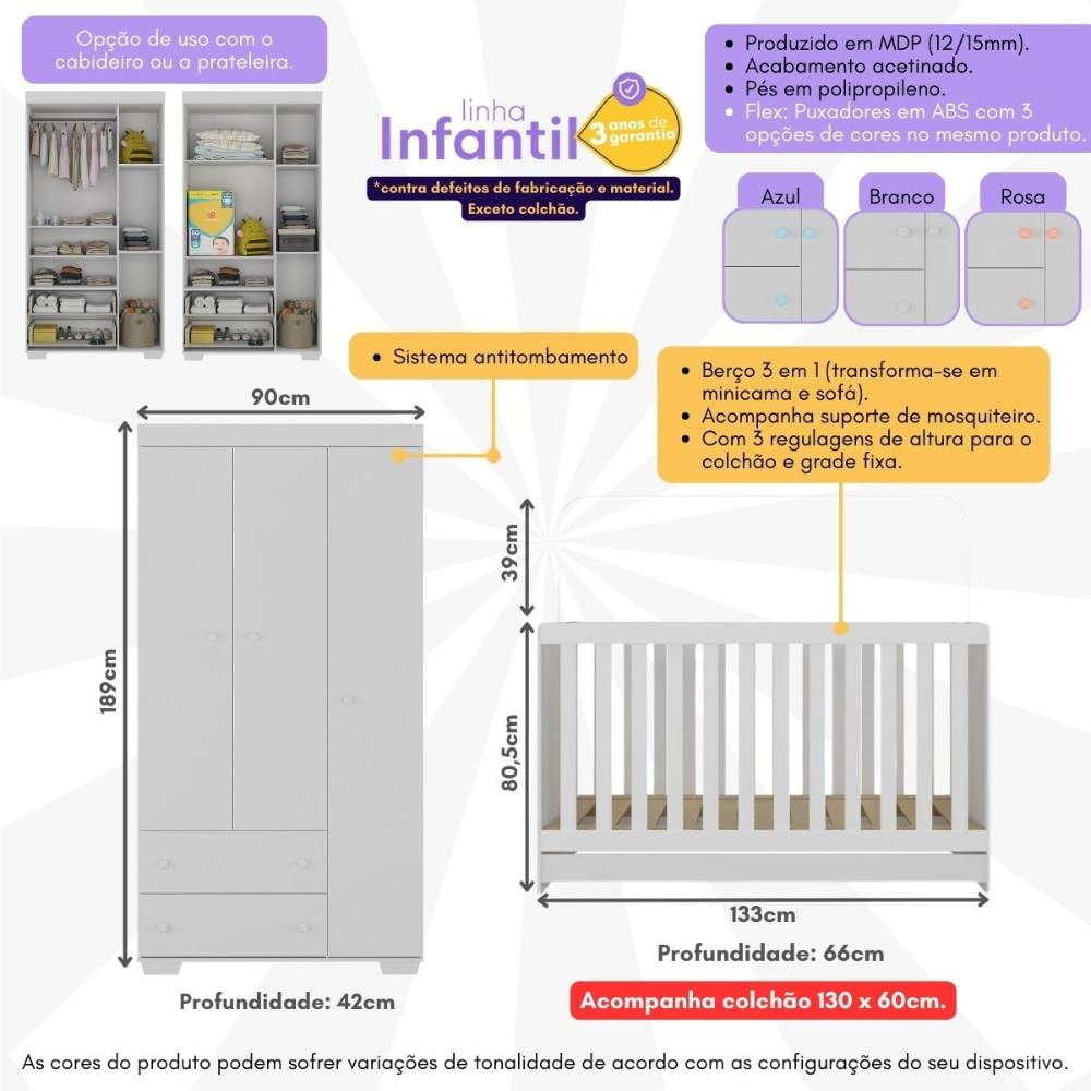 Quarto Infantil com Berço Colchão Incluso e Guarda-Roupas Algodão Doce Multimóveis MP4248 Branco