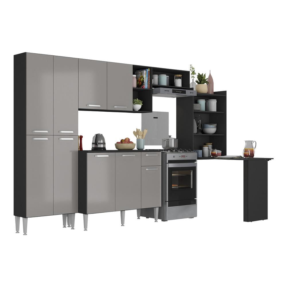 Armário de Cozinha Completa com Mesa Dobrável Paris Multimóveis MP2042 Preta/Lacca Fumê