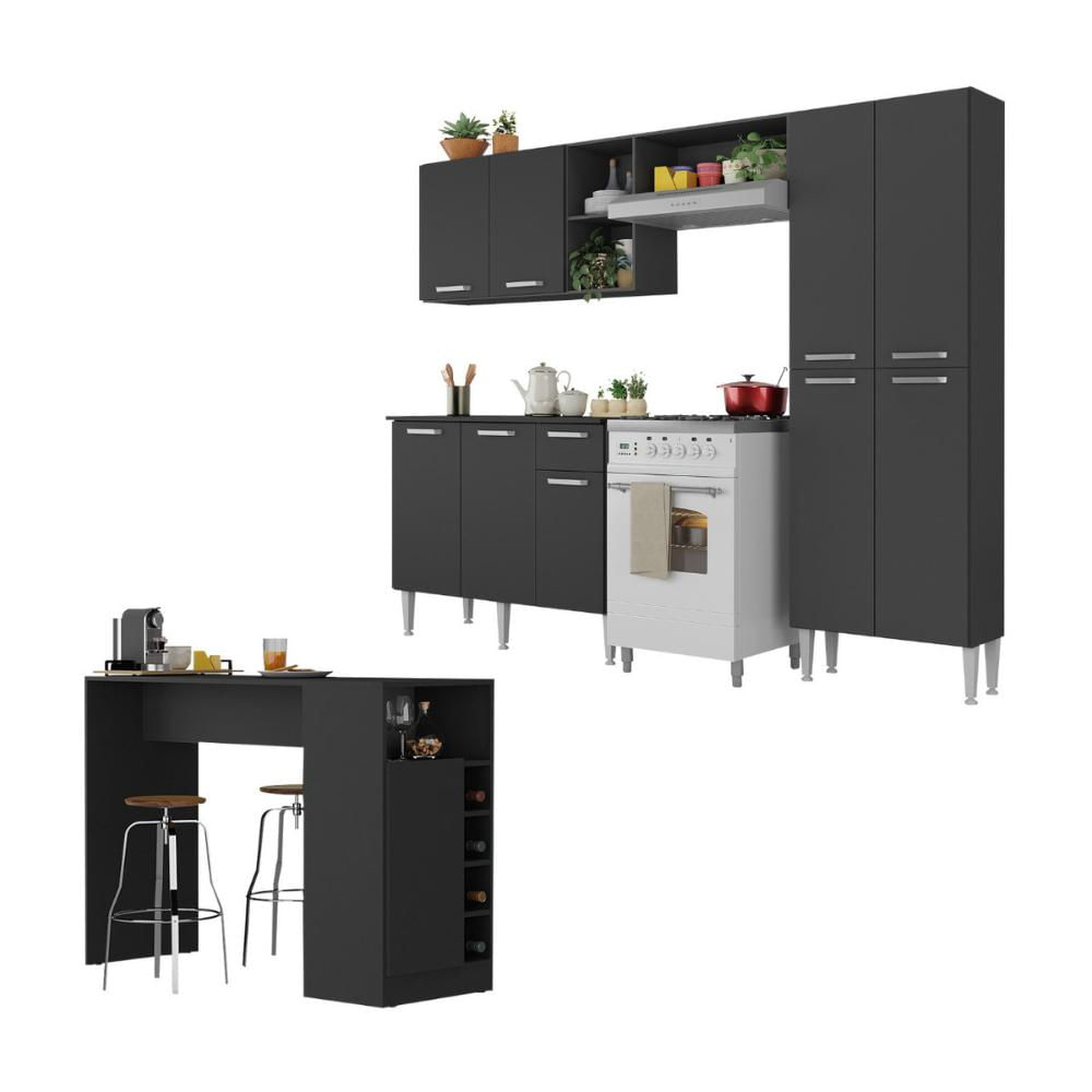 Armário de Cozinha com Mesa Gourmet Pequim Multimóveis MP2205 Preto