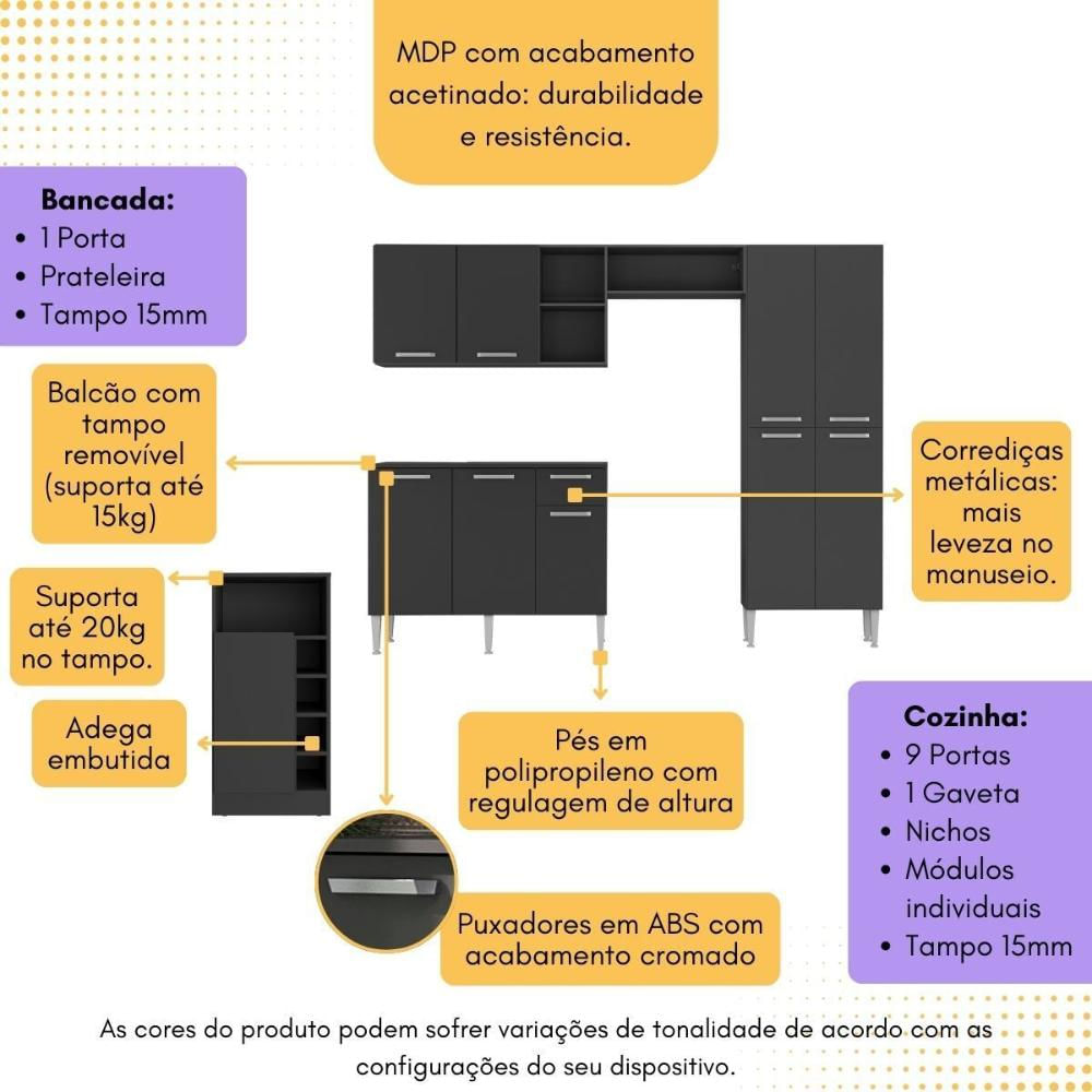 Armário de Cozinha com Mesa Gourmet Pequim Multimóveis MP2205 Preto