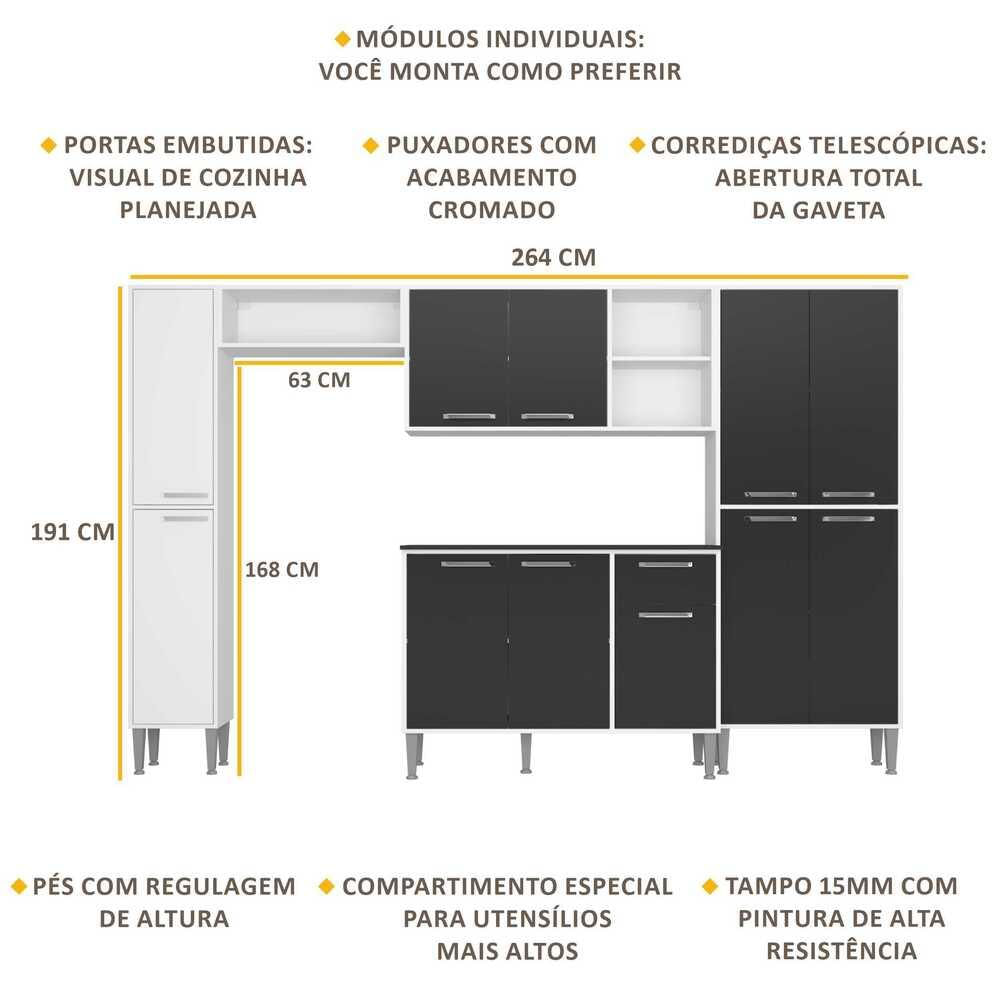 Armário de Cozinha Compacta Xangai Classic Multimóveis BRANCO E PRETO