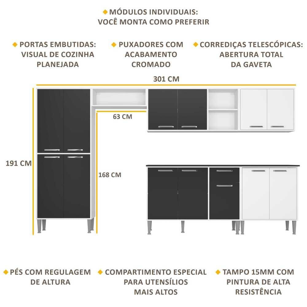 Armário de Cozinha Compacta Xangai Jazz Multimóveis BRANCO E PRETO