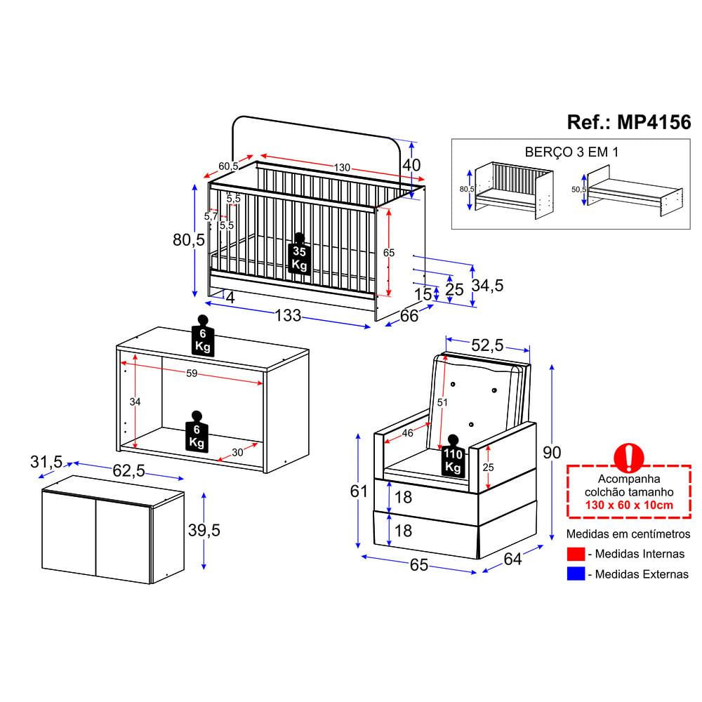 Berço 3 em 1 com Colchão Poltrona e Armário Aéreo 2 Portas Multimóveis MP4156 Branco/Bege