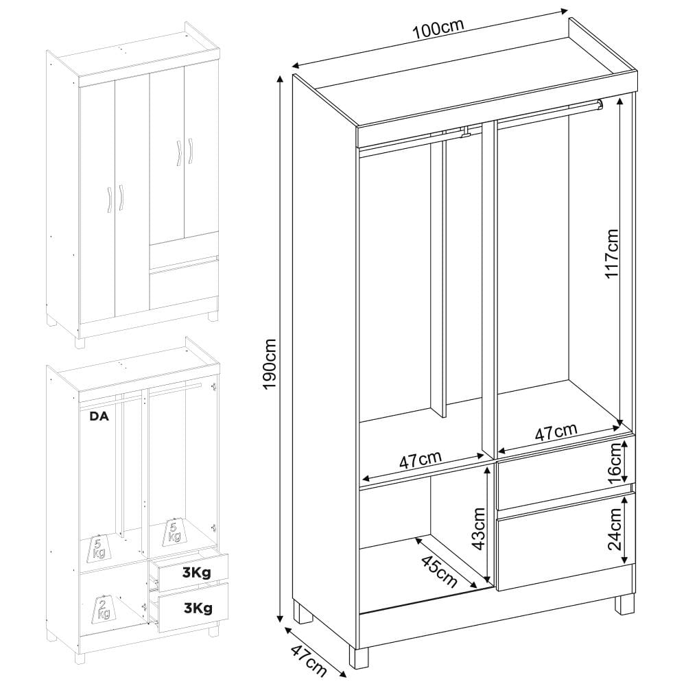 Guarda-Roupas Solteiro 4 Portas 2 Gavetas Multimóveis CR35187 Branco