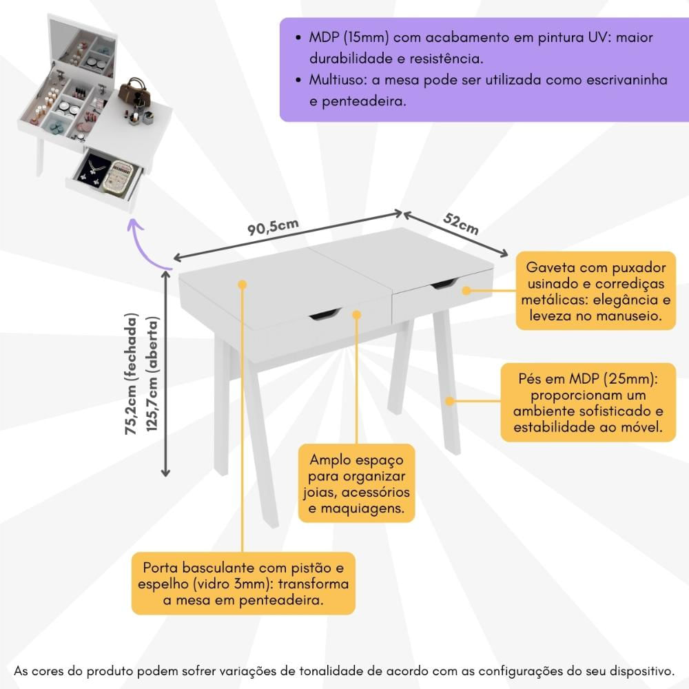 Penteadeira/Escrivaninha 90,5cm com Espelho e 1 Gaveta Multimóveis CR25278 Branco