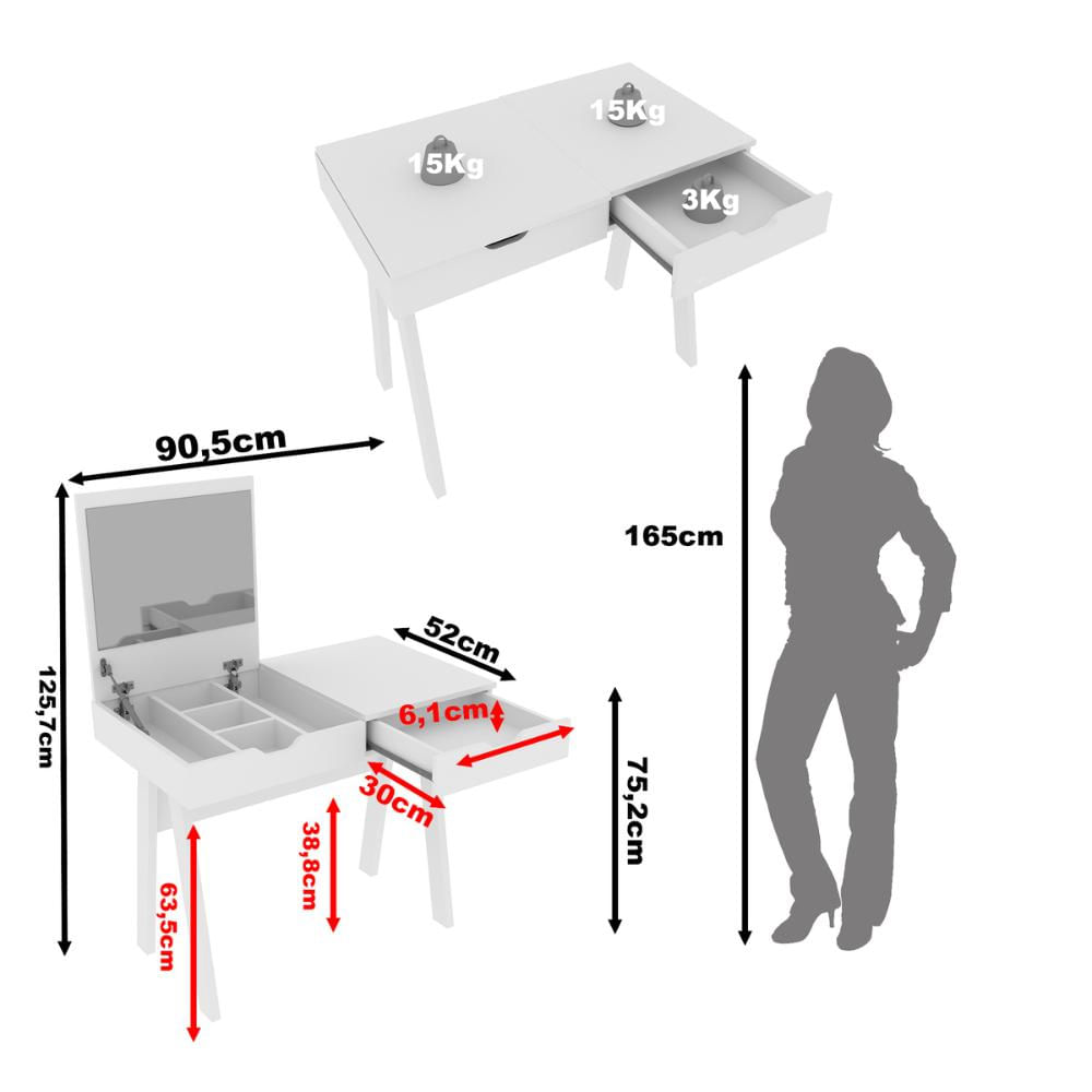 Penteadeira/Escrivaninha 90,5cm com Espelho e 1 Gaveta Multimóveis CR25278 Branco