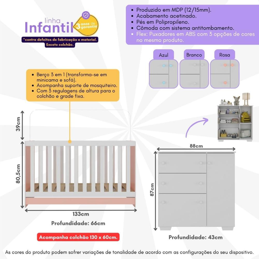 Quarto Infantil com Berço Colchão Incluso e Cômoda Algodão Doce Multimóveis MP4250 Branco/Rosa