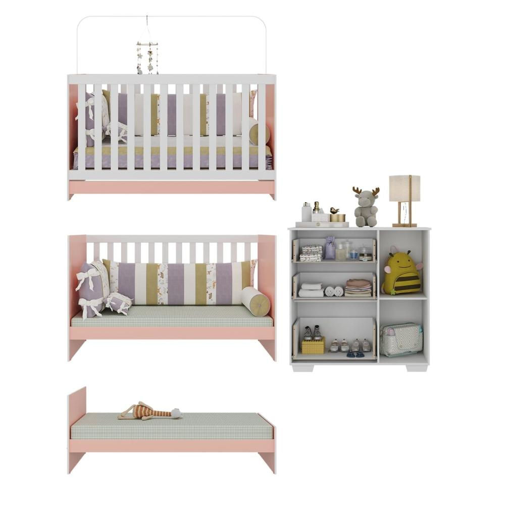 Quarto Infantil com Berço Colchão Incluso e Cômoda Algodão Doce Multimóveis MP4250 Branco/Rosa