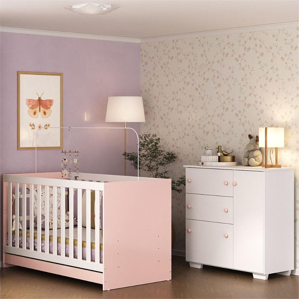 Quarto Infantil com Berço Colchão Incluso e Cômoda Algodão Doce Multimóveis MP4250 Branco/Rosa