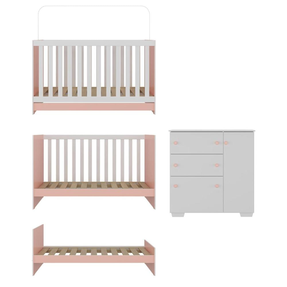 Quarto Infantil com Berço Colchão Incluso e Cômoda Algodão Doce Multimóveis MP4250 Branco/Rosa