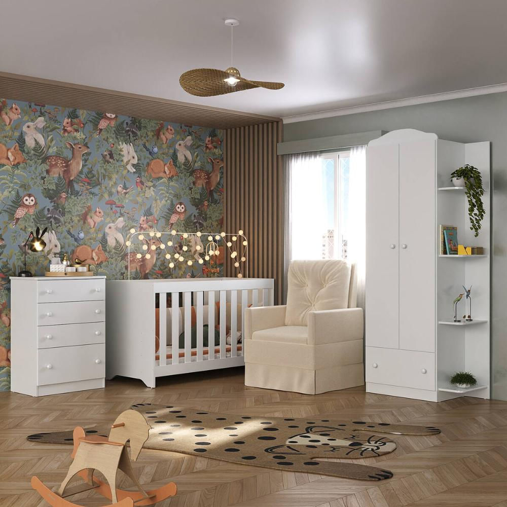 Quarto Infantil Completo com Poltrona de Amamentação Multimóveis MP4068 Branco/Bege