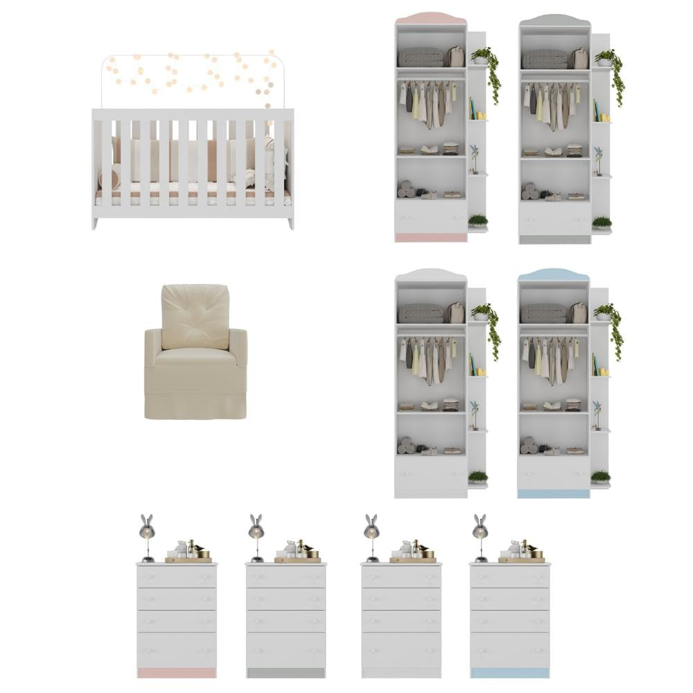 Quarto Infantil Completo com Poltrona de Amamentação Multimóveis MP4068 Branco/Bege