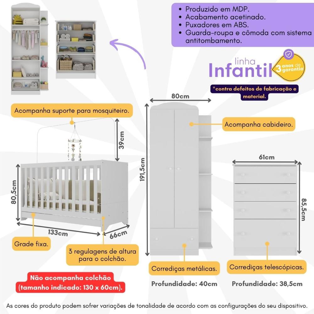 Quarto Infantil Completo com Poltrona de Amamentação Multimóveis MP4068 Branco/Bege