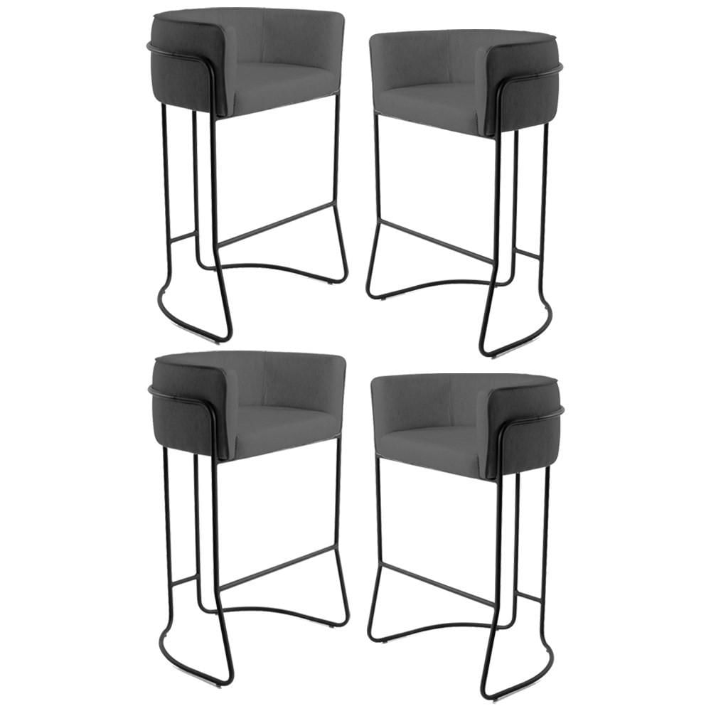 Kit 4 Banquetas Decorativas Base Aço Preto Betina C-03 Corano Cinza Chumbo - Domi