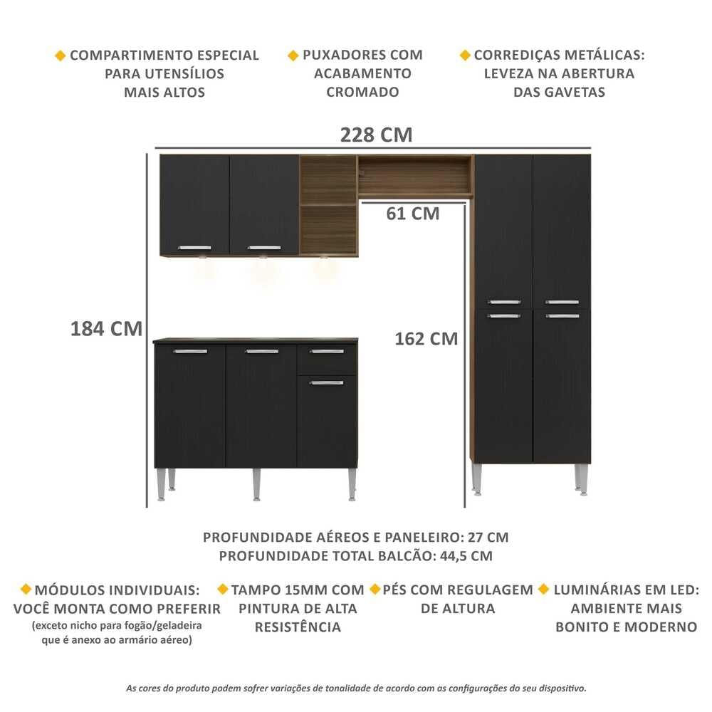 Armário de Cozinha Compacta c/ 3 Leds 3 pçs Pequim Multimóveis V3413 Nogueira/Preto