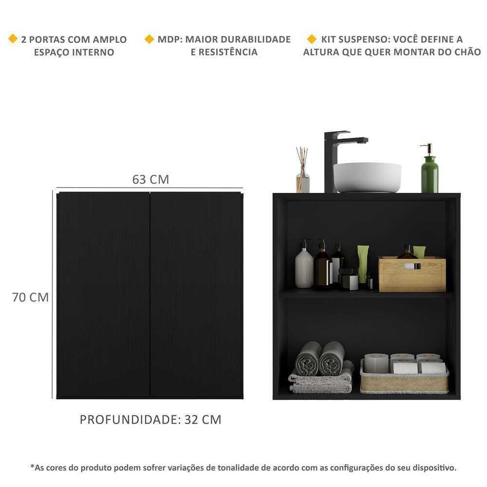 Gabinete de Banheiro Suspenso Multimóveis 63 cm com 2 Portas FG5007 Preto