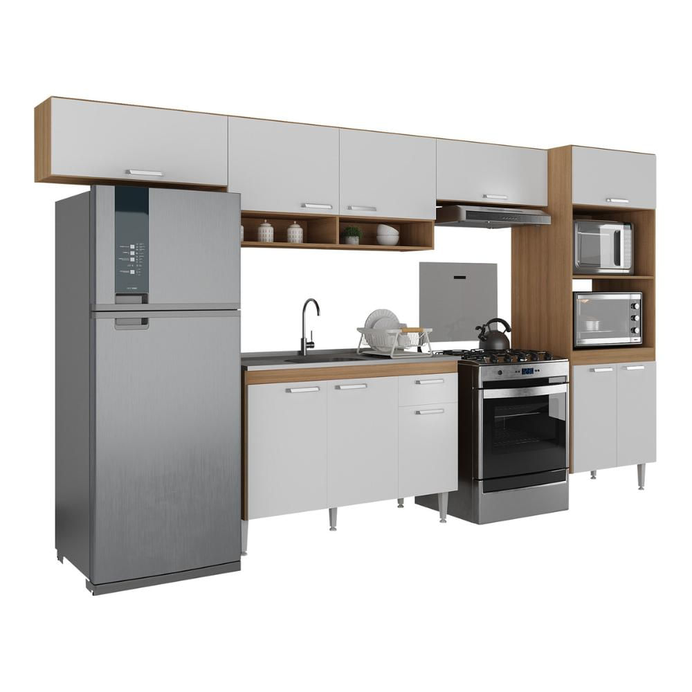 Armário de Cozinha Modulada com Balcão de Pia e Torre Quente Paris Multimóveis MP2224 Rustic/Branco