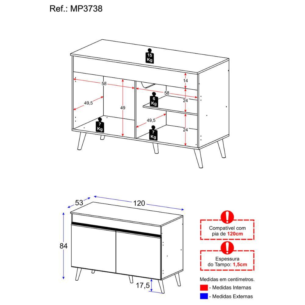 Balcão Cozinha Gabinete Pia 120 cm 2 Portas Veneza Multimóveis MP3738 Preto/Preto