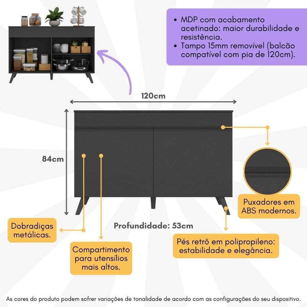 Balcão Cozinha Gabinete Pia 120 cm 2 Portas Veneza Multimóveis MP3738 Preto/Preto