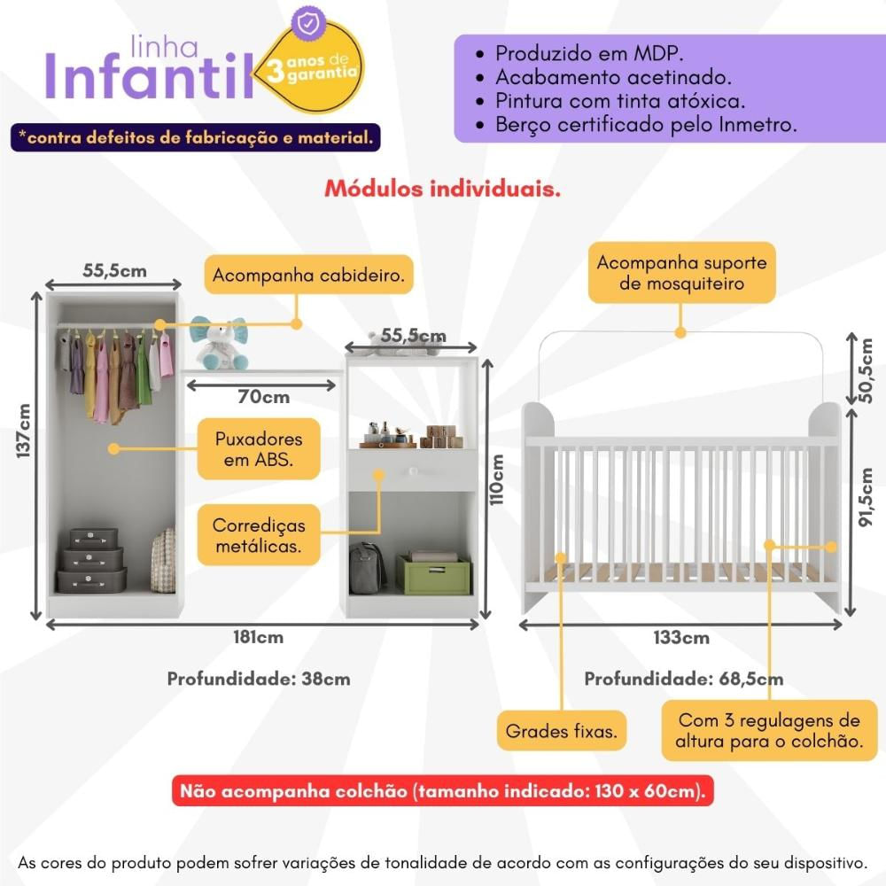 Quarto Infantil Completo com Berço e Armários Gominha Multimóveis BB2869 Branco