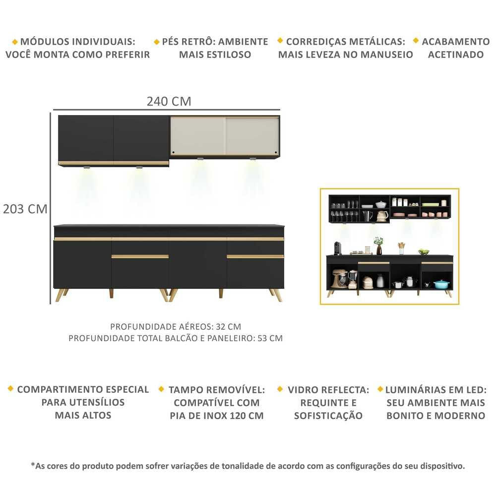 Armário de Cozinha Compacta 4 peças com Leds MP2021 Veneza Up Multimóveis Preta