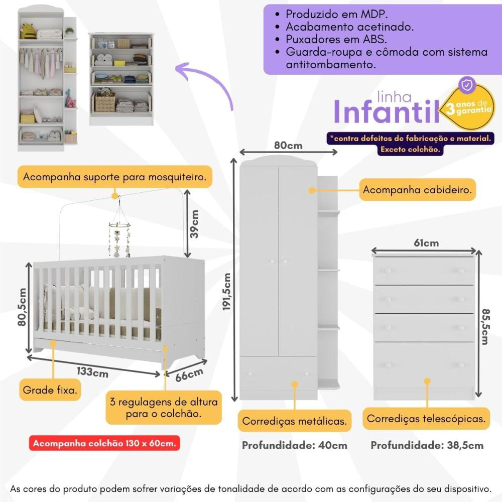 Quarto Infantil Completo João e Maria com Berço 3x1 e Colchão Incluso Multimóveis Branco/Colorido