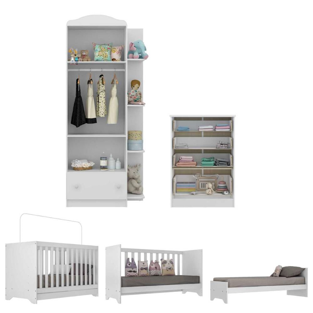 Quarto Infantil Completo João e Maria com Berço 3x1 e Colchão Incluso Multimóveis Branco/Colorido