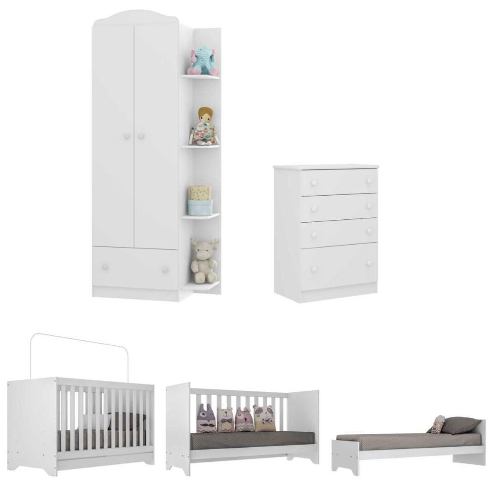 Quarto Infantil Completo João e Maria com Berço 3x1 e Colchão Incluso Multimóveis Branco/Colorido