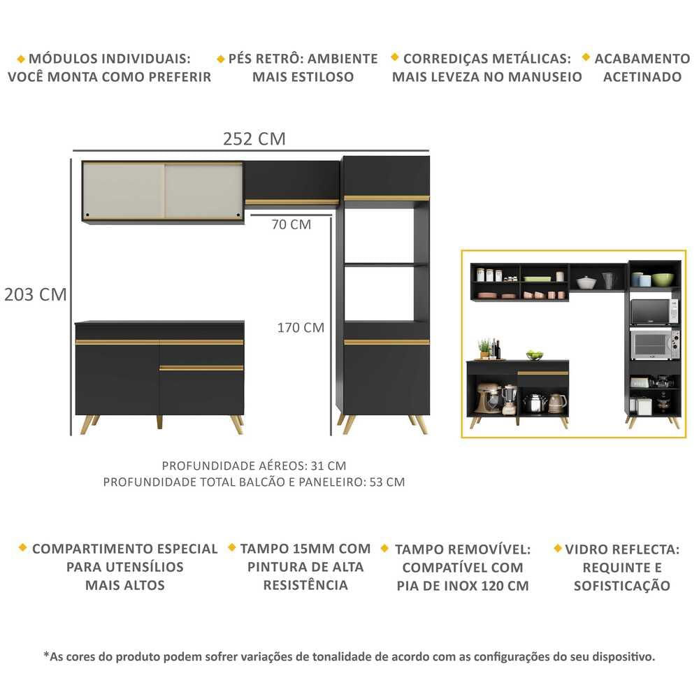 Armário de Cozinha Compacta 4 peças MP3692 Veneza GB Multimóveis Preta