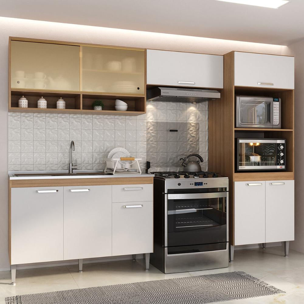 Armário de Cozinha Compacta Modulada com Gabinete para Pia Paris Multimóveis MP2227 Rustic/Branco