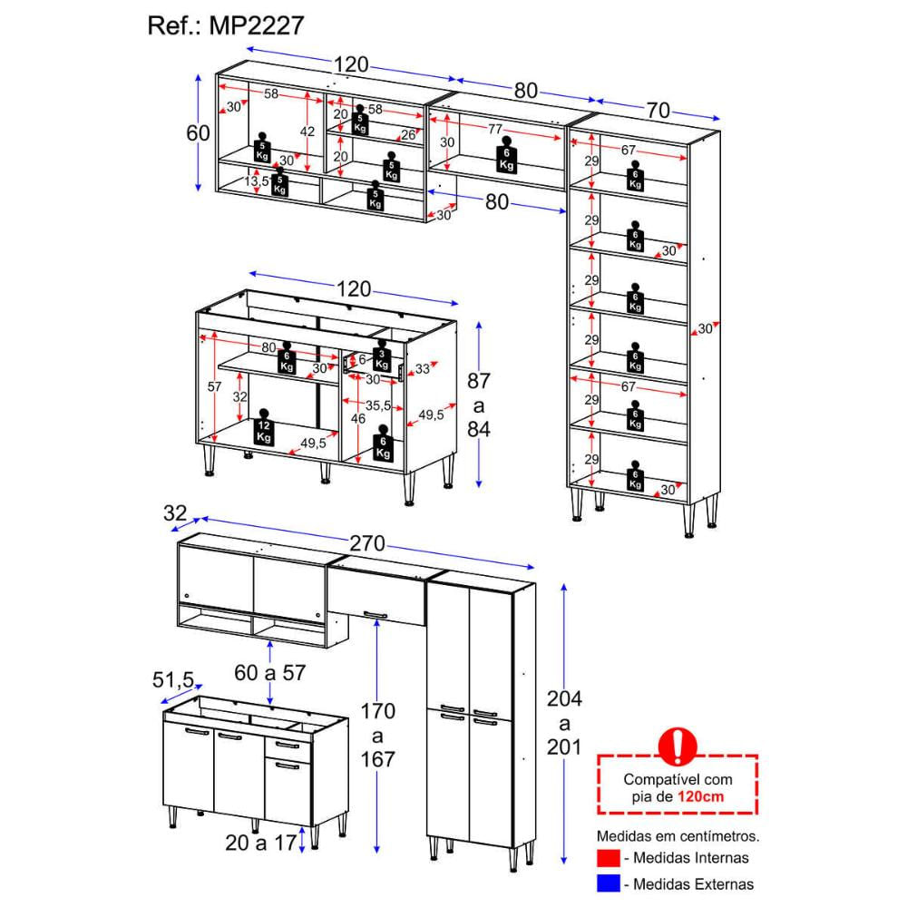 Armário de Cozinha Compacta Modulada com Gabinete para Pia Paris Multimóveis MP2227 Rustic/Branco