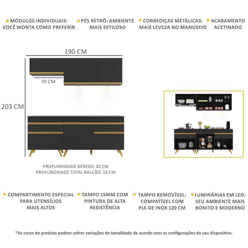 Armário de Cozinha Compacta 4 peças com Leds MP2030 Veneza Up Multimóveis Preta