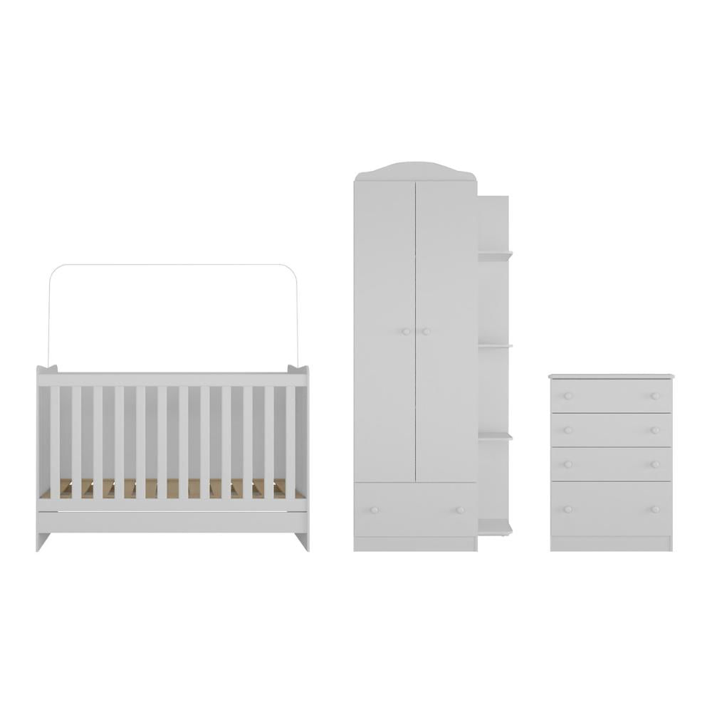 Quarto Infantil Completo João e Maria com berço 4 em 1 + Roupeiro e cômoda Branco