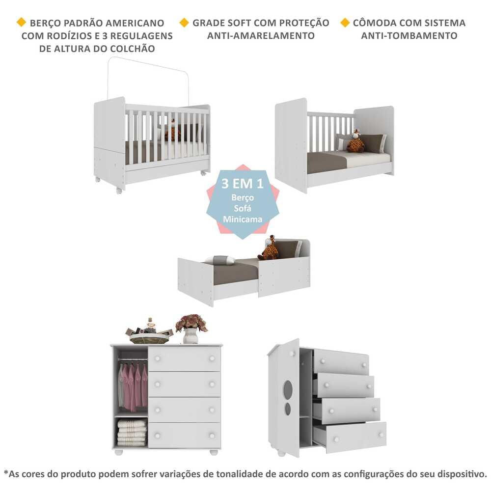 Quarto Infantil Berço com Colchão Incluso e Cômoda Pimpolho Multimóveis Branco