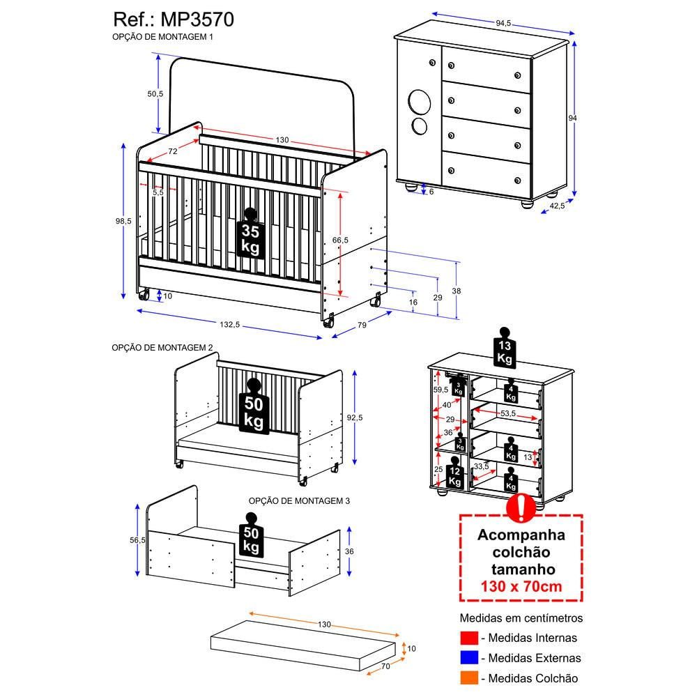 Quarto Infantil Berço com Colchão Incluso e Cômoda Pimpolho Multimóveis Branco