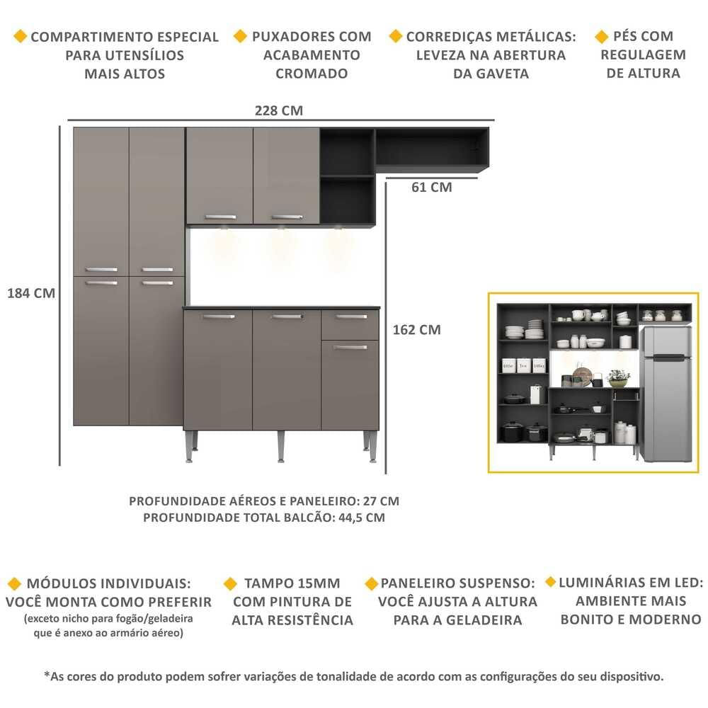 Armário de Cozinha Compacta com 3 Leds Balcão com Tampo Pequim Sun Multimóveis Preta/Lacca Fumê