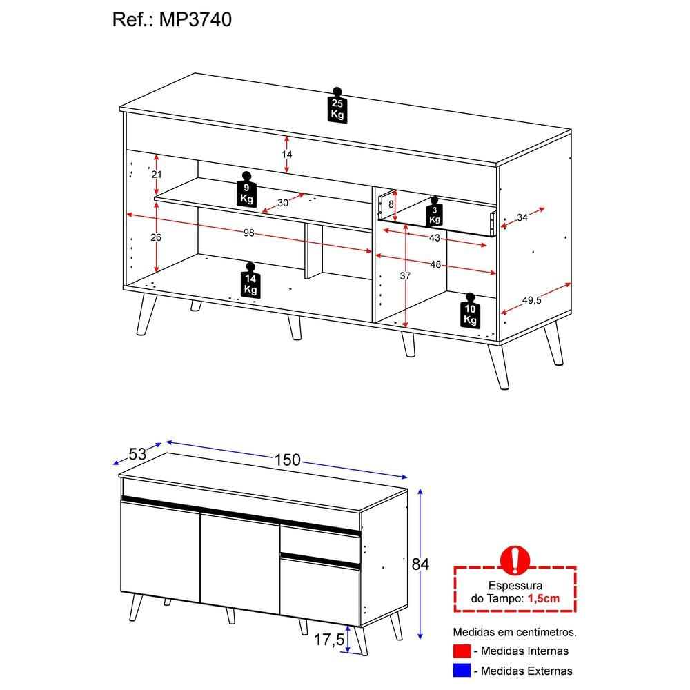 Balcão Cozinha Gabinete Pia 150 cm 3 Portas 1 Gaveta Veneza GW Multimóveis MP3740 Branco