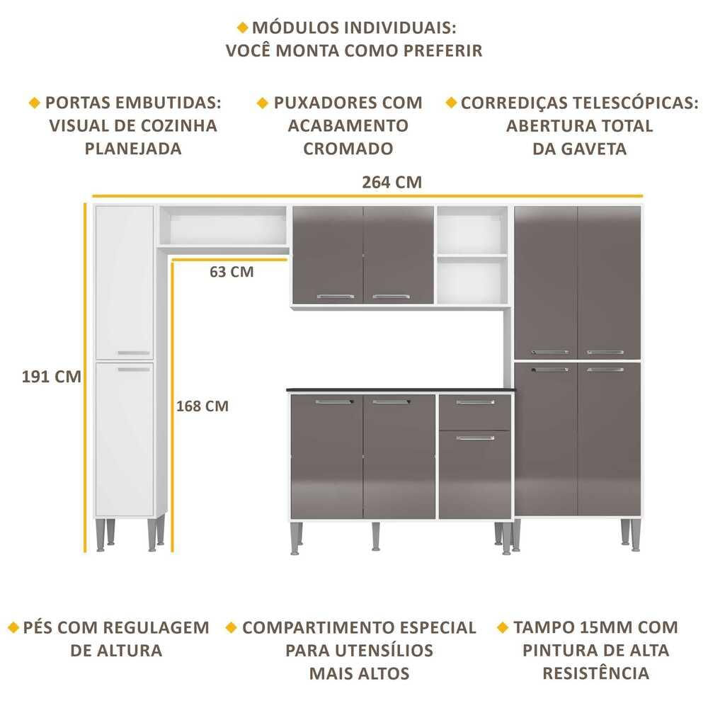 Armário de Cozinha Compacta Multimóveis Xangai Classic FG3280 Branca/Lacca Fumê