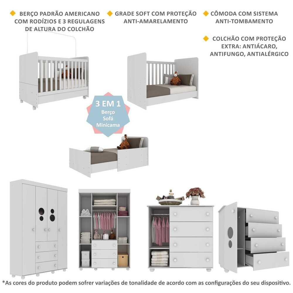 Quarto Completo Infantil com Colchão Incluso Multimóveis Pimpolho FG3571 Branco