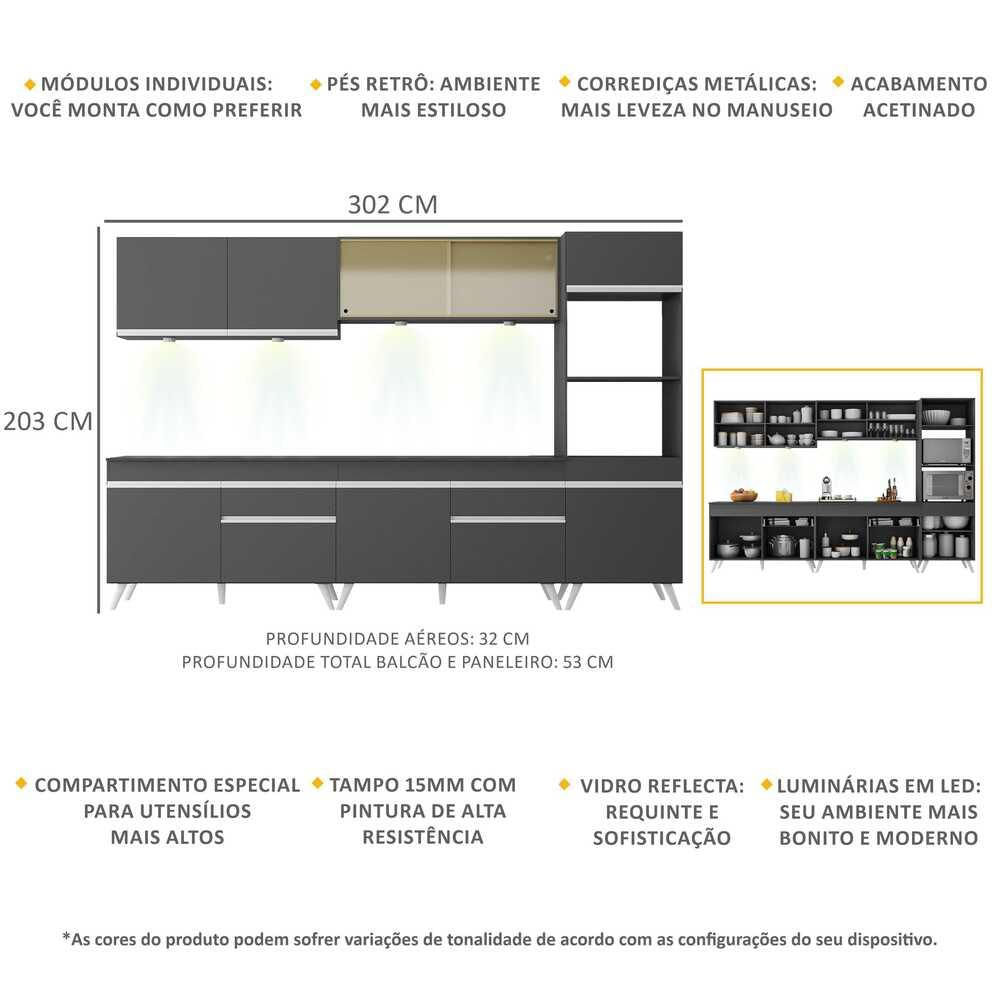 Armário de Cozinha Completa 5 peças com Leds MP2014.898 Veneza Up Multimóveis Preto