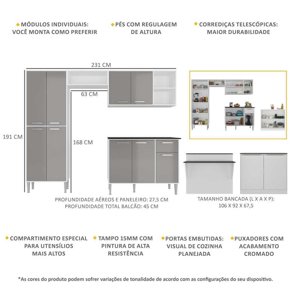 Armário de Cozinha Completa com Bancada Siena Multimóveis MP2040 Branca/Lacca Fumê