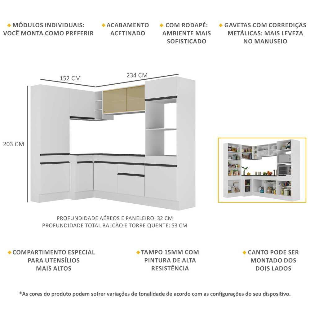 Armário de Cozinha Completa de Canto com Rodapé Veneza Multimóveis MP2085.964 Branco/Preto