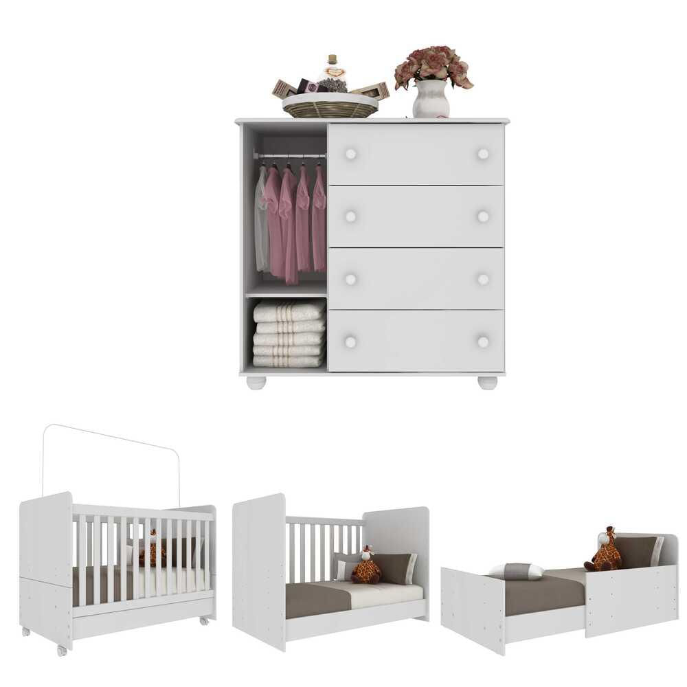 Quarto Infantil Berço com Colchão Incluso e Cômoda Multimóveis Pimpolho FG3570 Branco