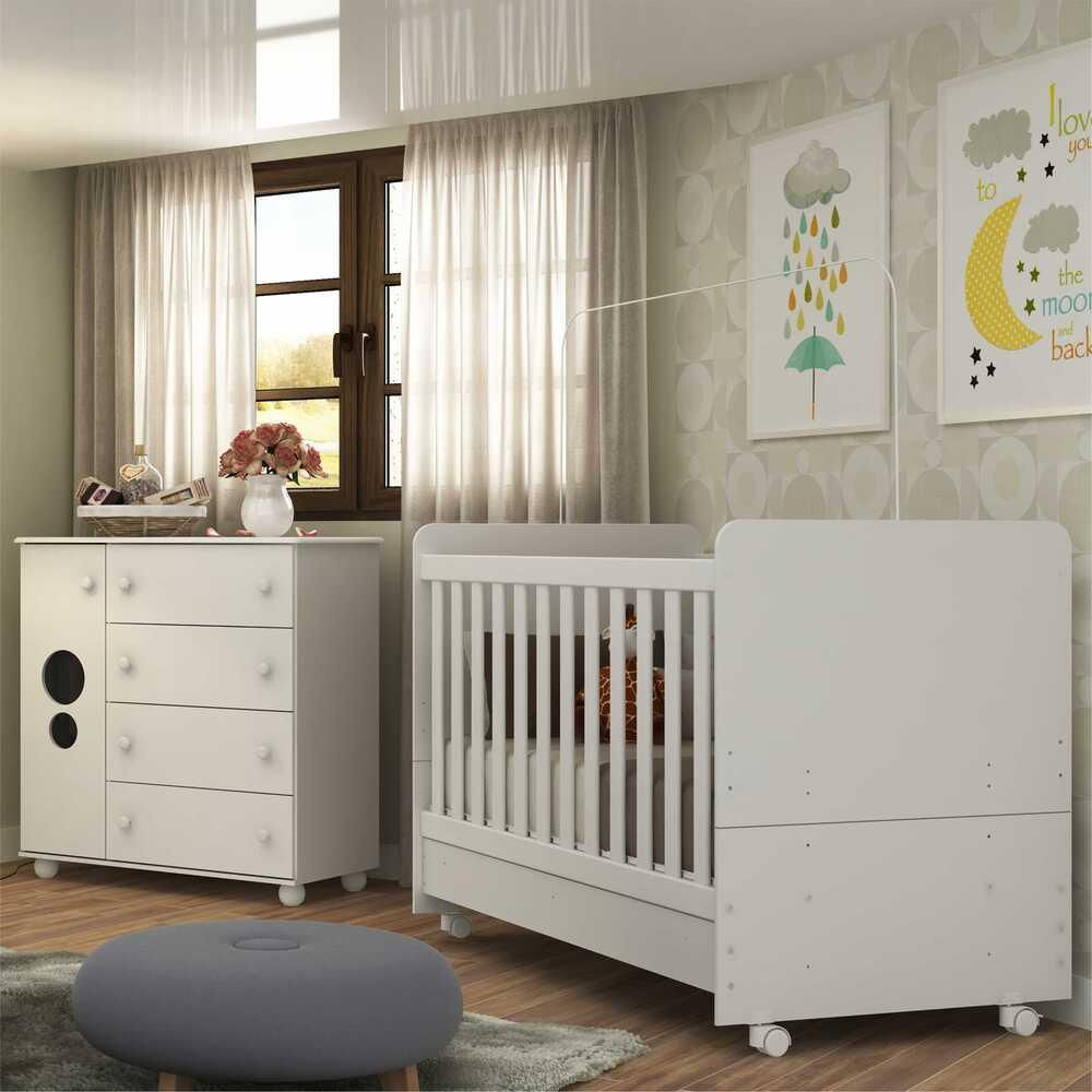 Quarto Infantil Berço com Colchão Incluso e Cômoda Multimóveis Pimpolho FG3570 Branco